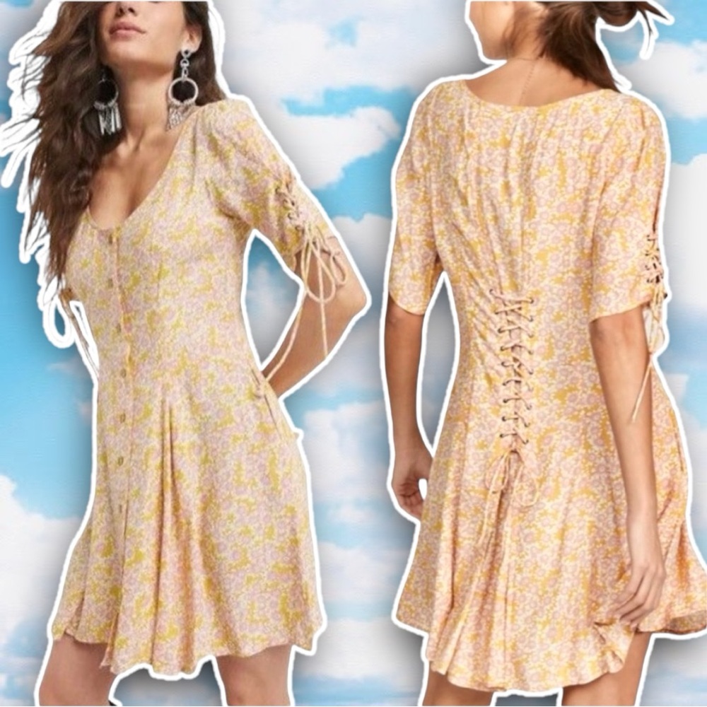 FREE PEOPLE Laced Up Mini Dress Femme Combo Daisy Floral Boho Hippie Castlecore
